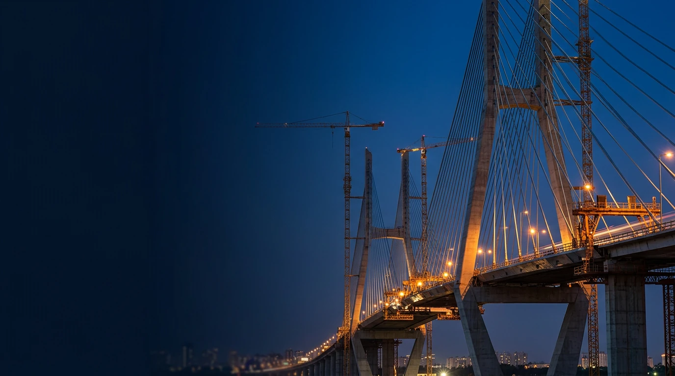 Ponte estaiada em construção, iluminada ao anoitecer