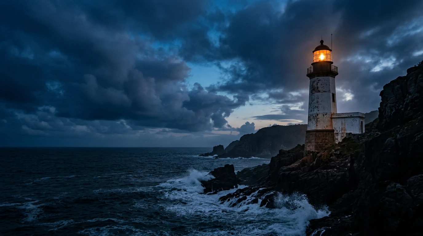 Farol iluminado sobre uma costa rochosa ao anoitecer